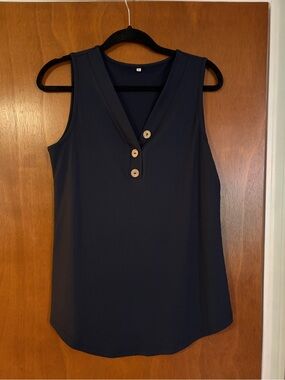 (3) Sleeveless V-Neck Ribbed Tank with Button Detail - Navy, Black, and Green